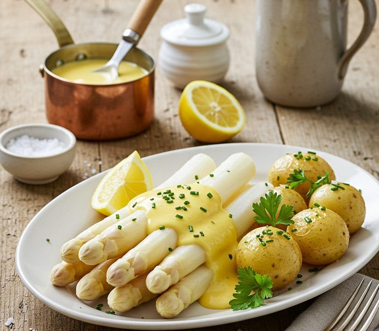 White Asparagus with Hollandaise and New Potatoes