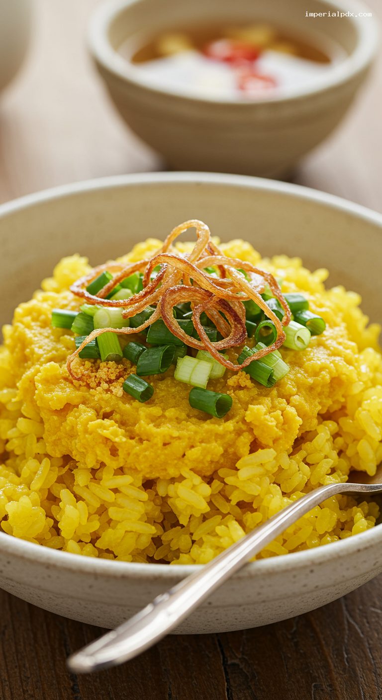 Xoi Xeo With Crispy Shallots and Scallion Oil – Closeup