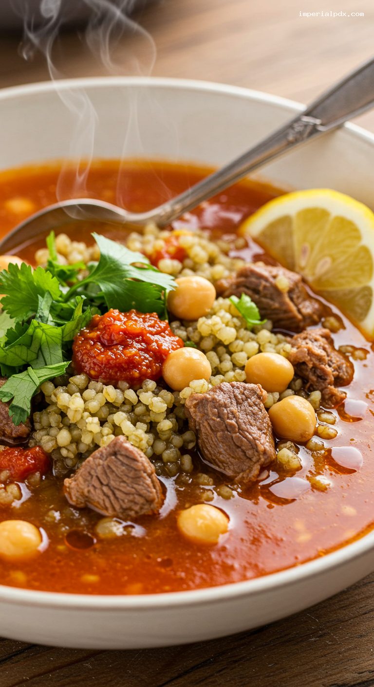Algerian Chorba Frik: Tomato-Lamb Soup with Frik and Lemon – Closeup