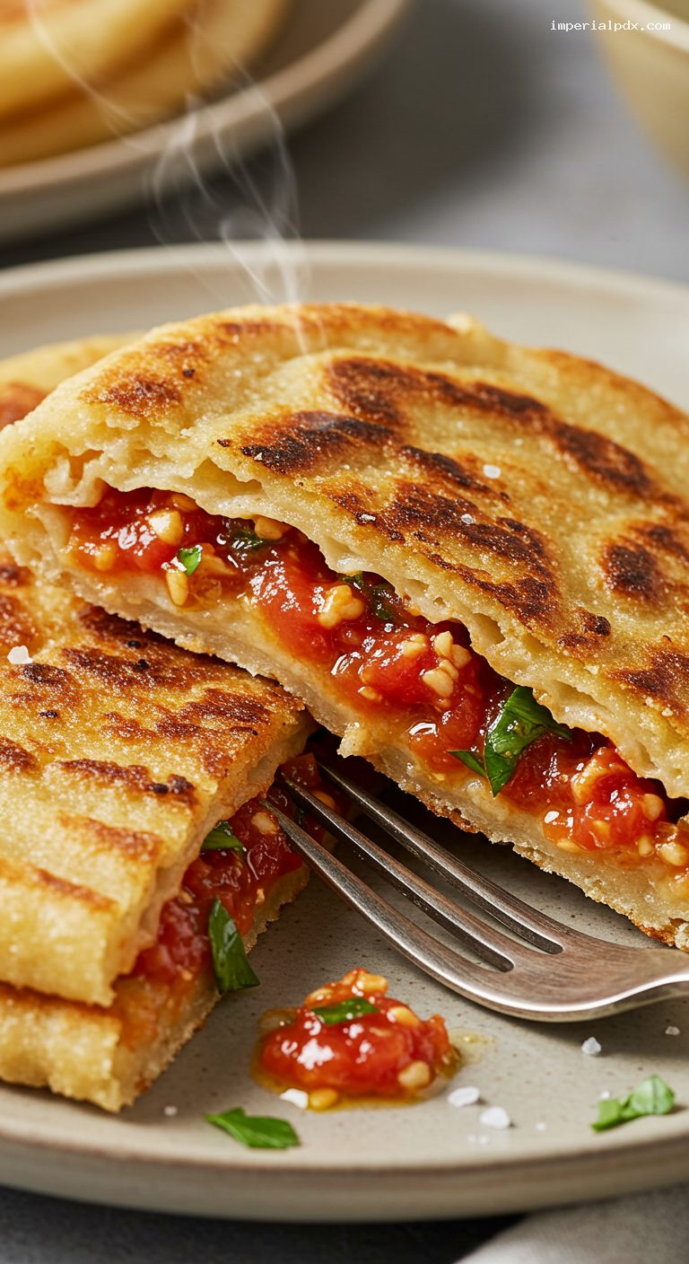 Algerian Mhajeb: Stuffed Semolina Flatbreads with Tomato and Harissa – Closeup