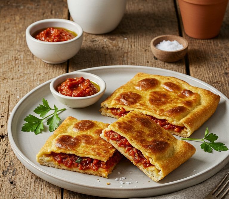 Algerian Mhajeb: Stuffed Semolina Flatbreads with Tomato and Harissa