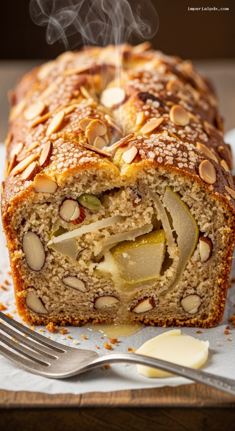 Almond Pear Tea Loaf with Cardamom – Closeup