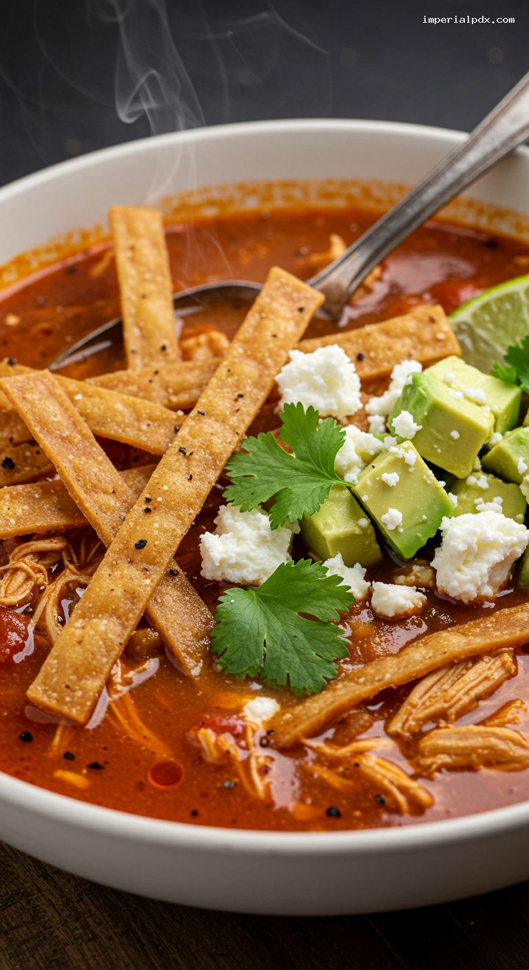 Ancho Chicken Tortilla Soup with Avocado and Lime – Closeup