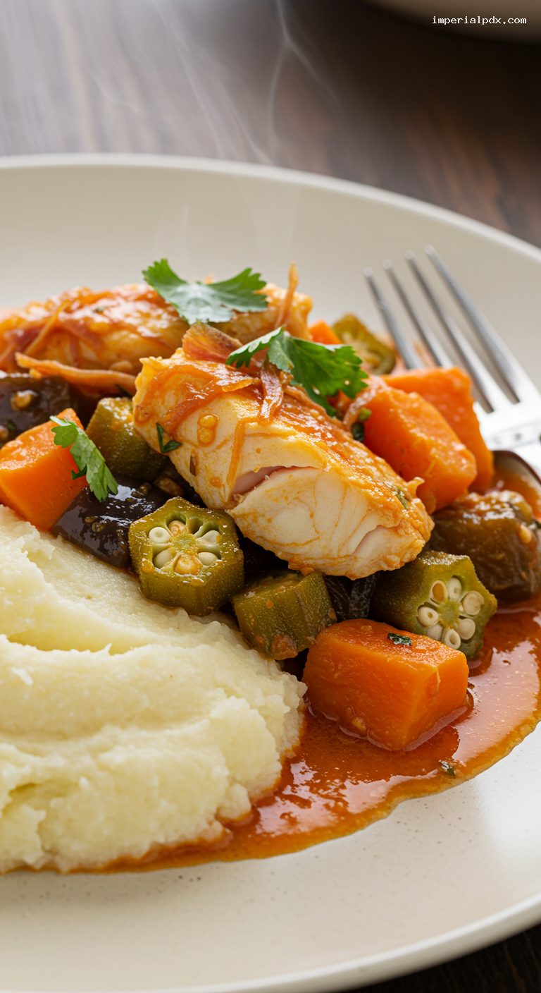 Angolan Calulu de Peixe with Okra and Funge – Closeup