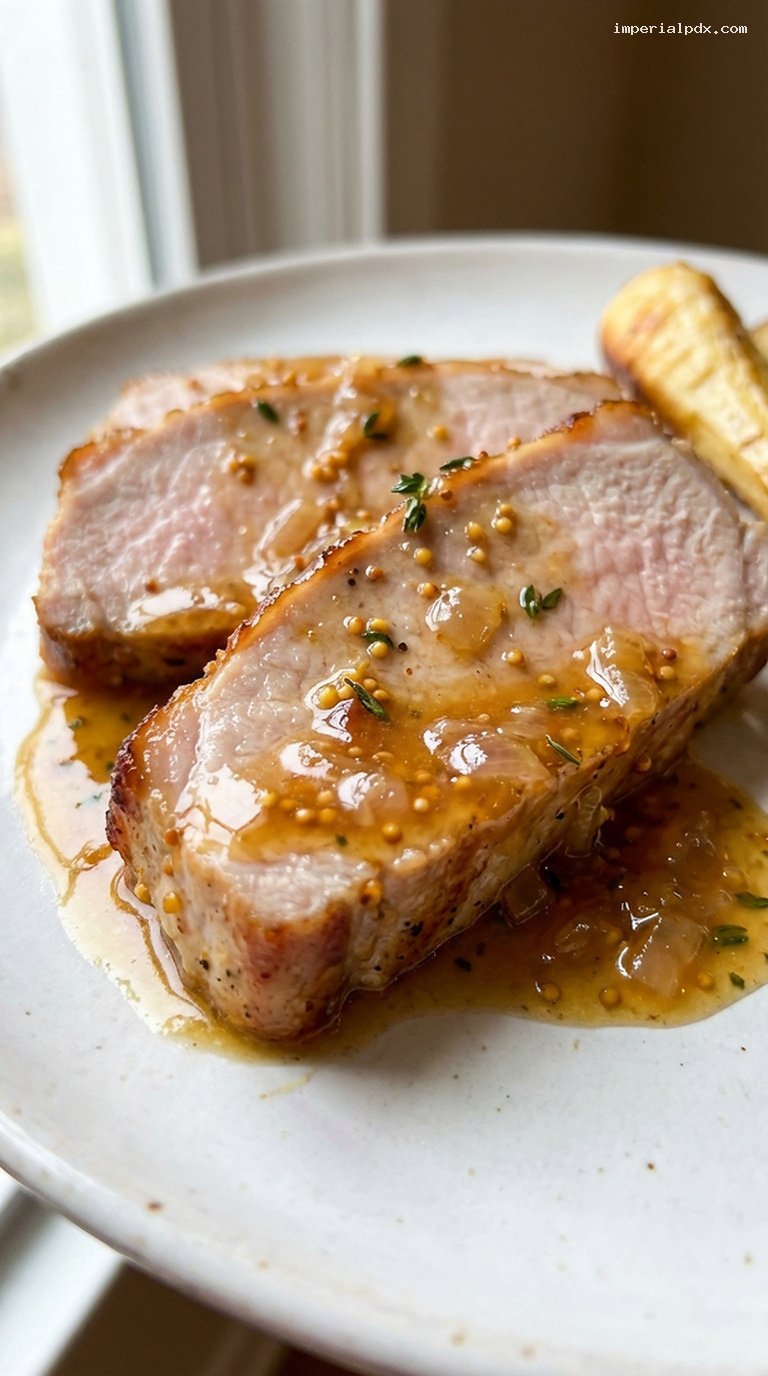 Apple Cider Mustard Pan Sauce With Thyme and Shallots – Closeup