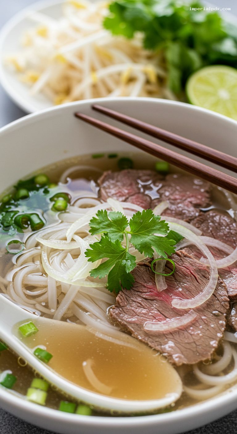 Aromatic Pho with Chicken or Beef and Fresh Herbs – Closeup