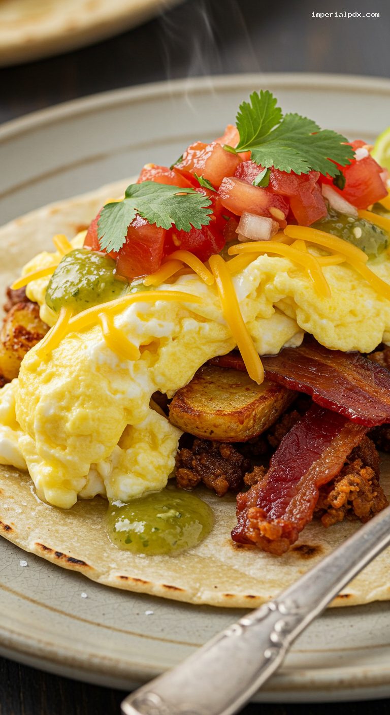 Austin-Style Breakfast Tacos with Eggs, Bacon, and Potatoes – Closeup