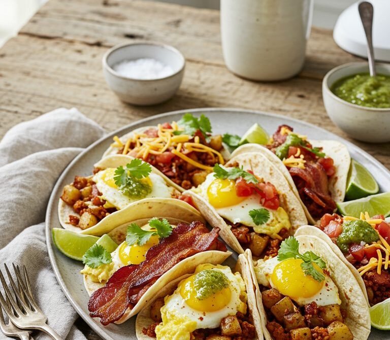 Austin-Style Breakfast Tacos with Eggs, Bacon, and Potatoes