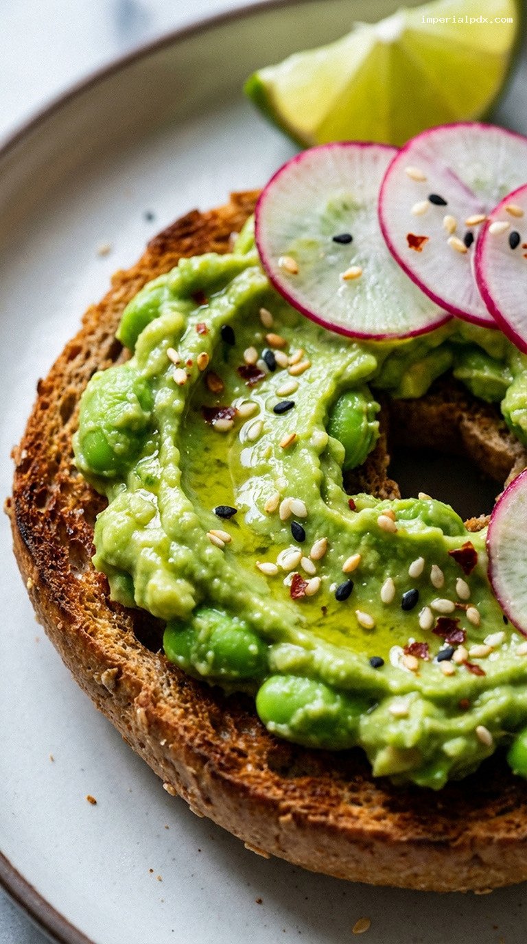 Avocado Edamame Smash Bagel With Radish and Lime – Closeup