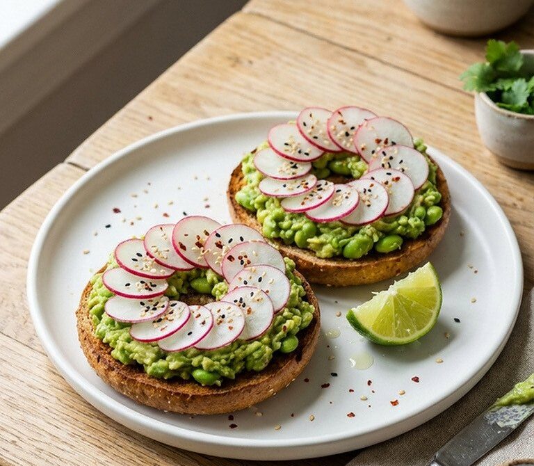 Avocado Edamame Smash Bagel With Radish and Lime