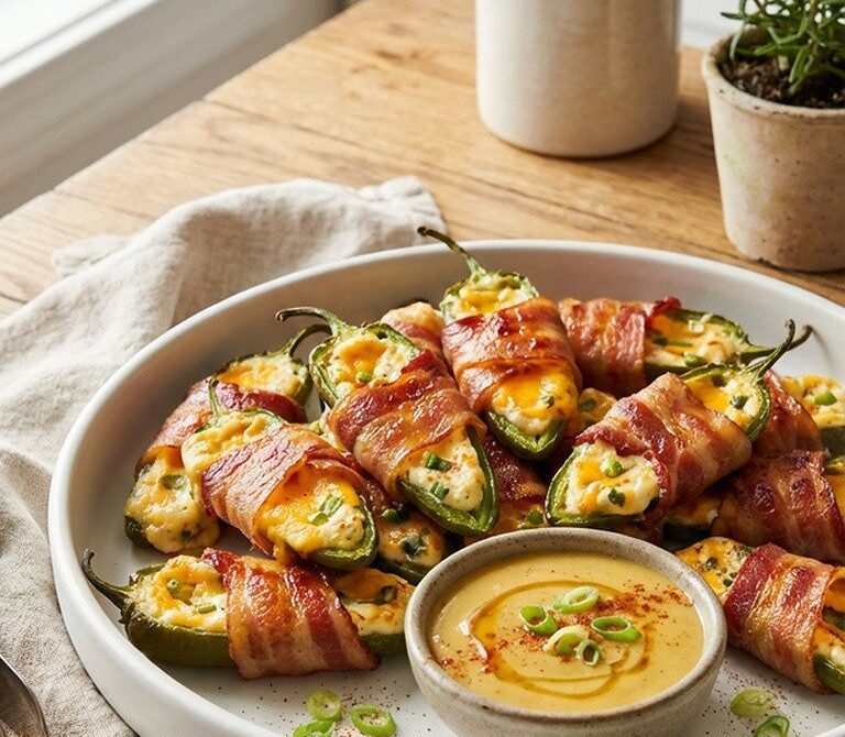Bacon-Wrapped Jalapeño Poppers With Honey Mustard Dip