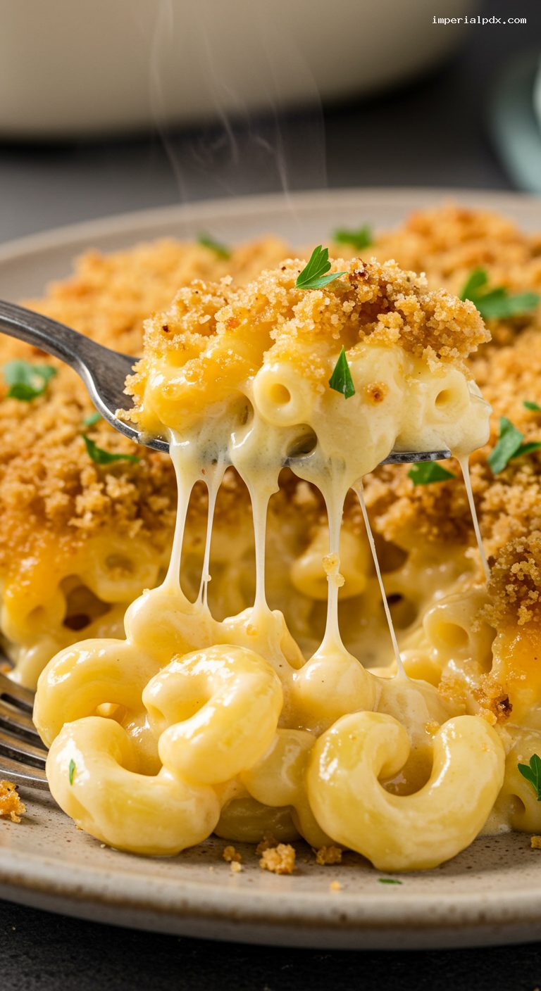 Baked Mac and Cheese with Cheddar-Gruyère Crust – Closeup