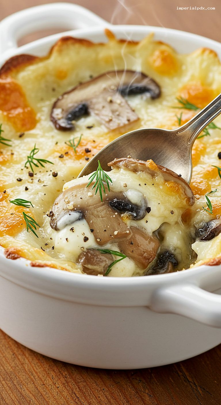Baked Mushroom Julienne with Creamy Sauce and Cheese – Closeup