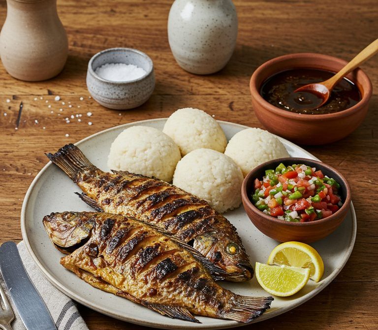 Banku with Grilled Tilapia and Shito Sauce