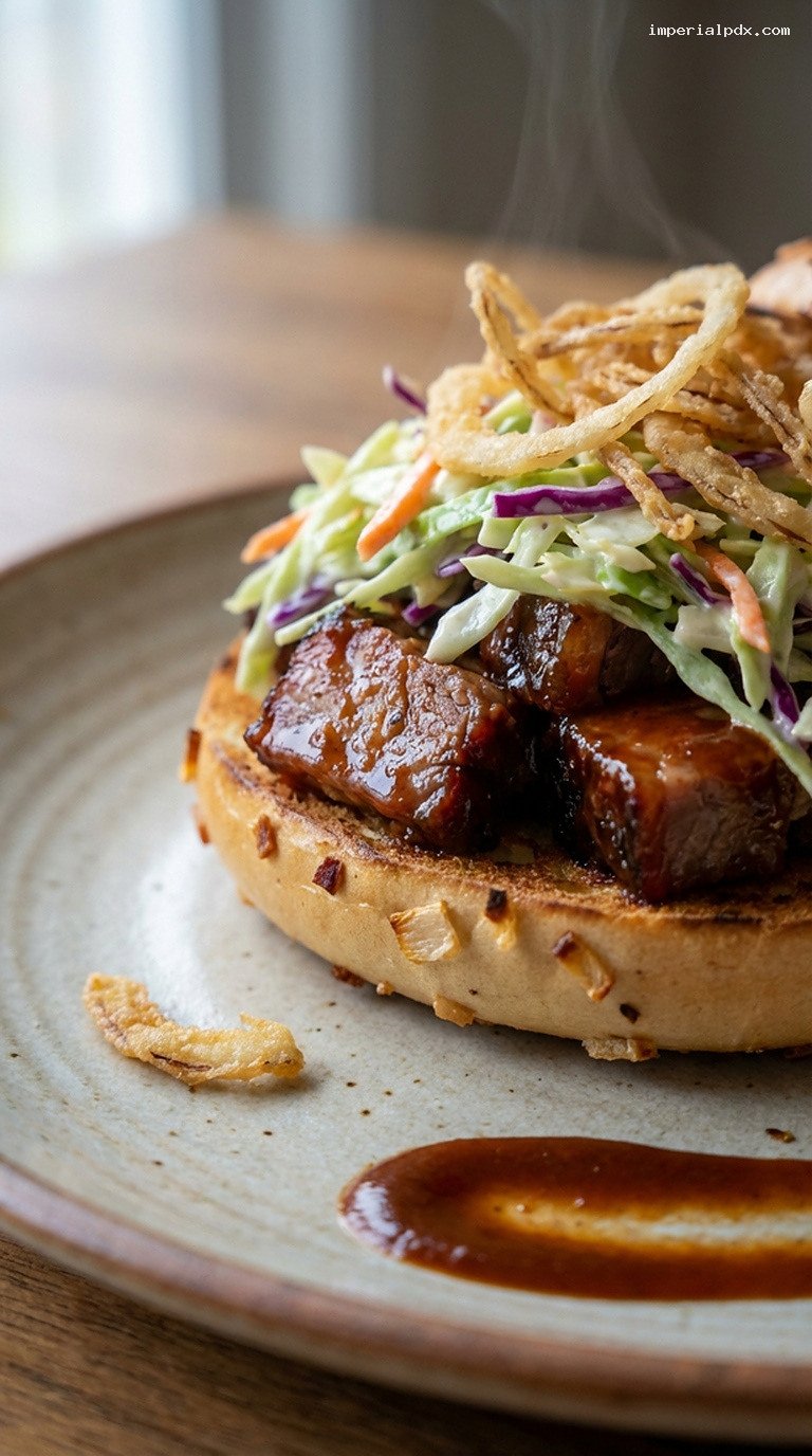 BBQ Brisket Bagel with Slaw and Crispy Onions – Closeup