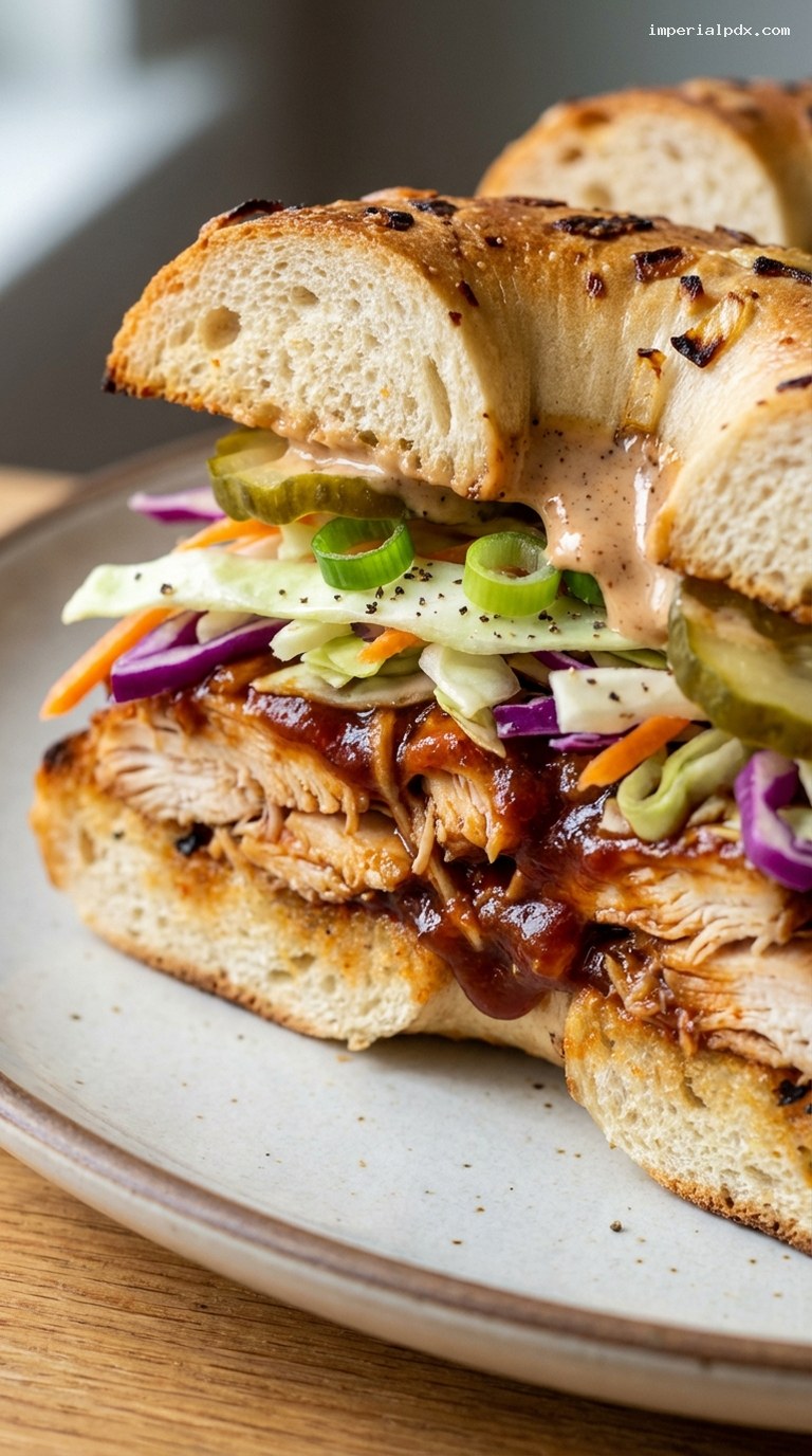 BBQ Chicken Bagel Sandwich With Slaw and Pickles – Closeup