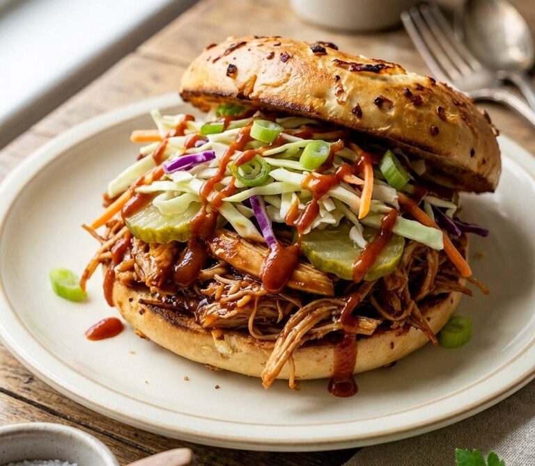 BBQ Chicken Bagel Sandwich With Slaw and Pickles