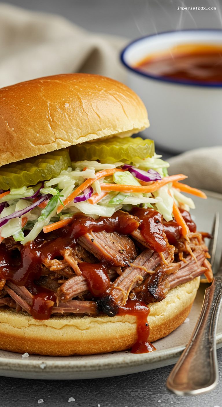 BBQ Pulled Pork Sandwiches with Creamy Slaw and Pickles – Closeup