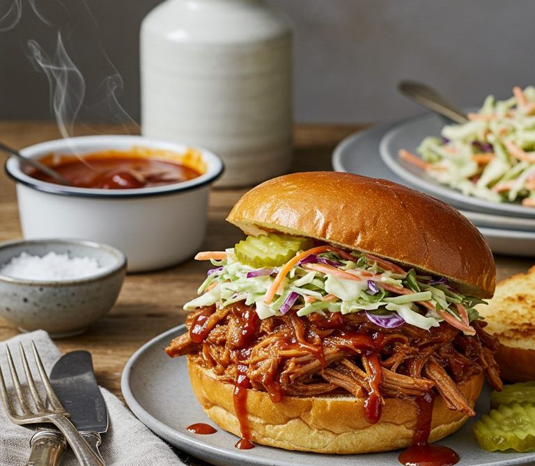 BBQ Pulled Pork Sandwiches with Creamy Slaw and Pickles