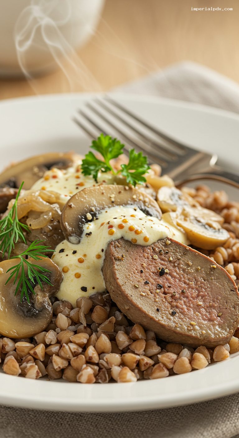 Beef Liver Stroganoff with Mushrooms and Sour Cream – Closeup