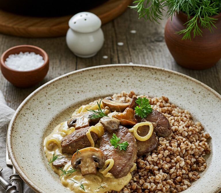 Beef Liver Stroganoff with Mushrooms and Sour Cream