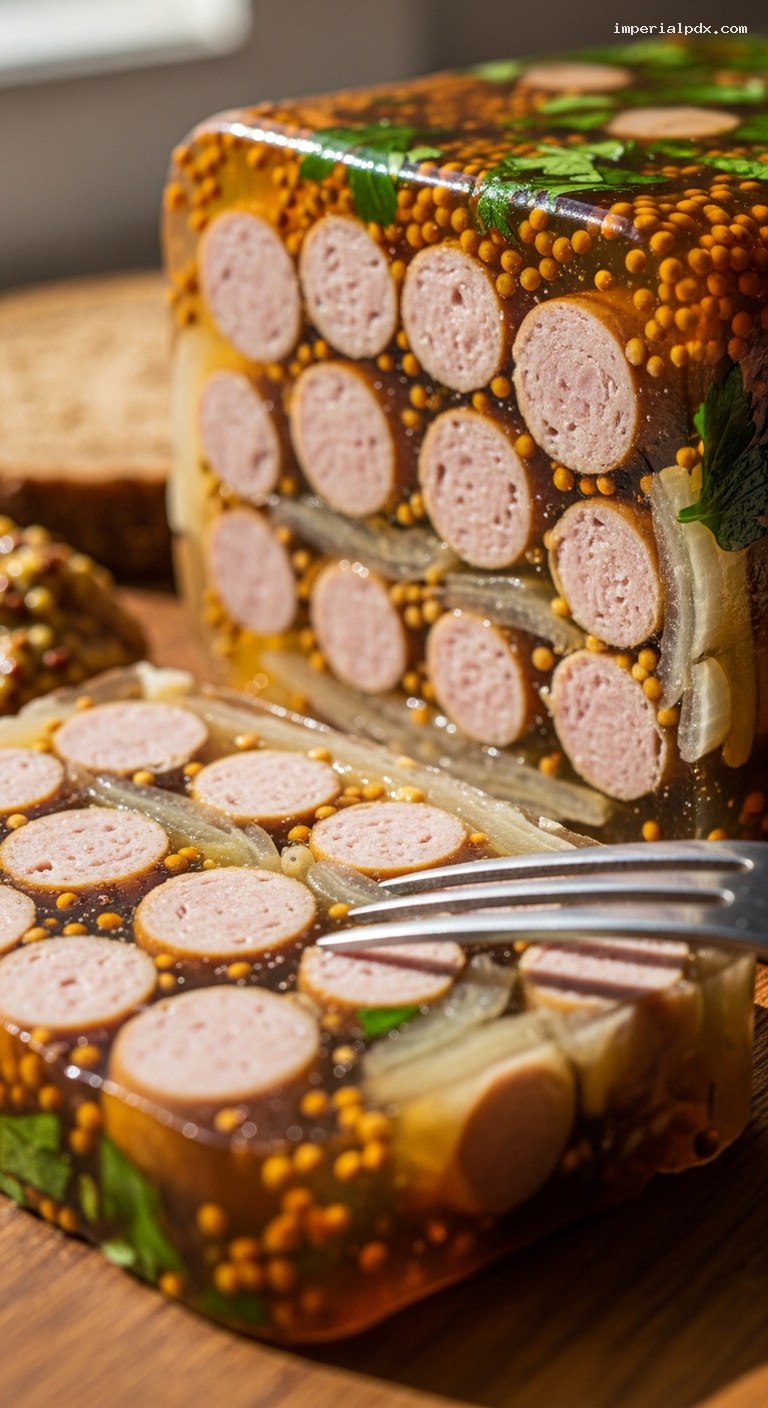 Beer-Braised Bratwurst Terrine with Mustard and Onions – Closeup