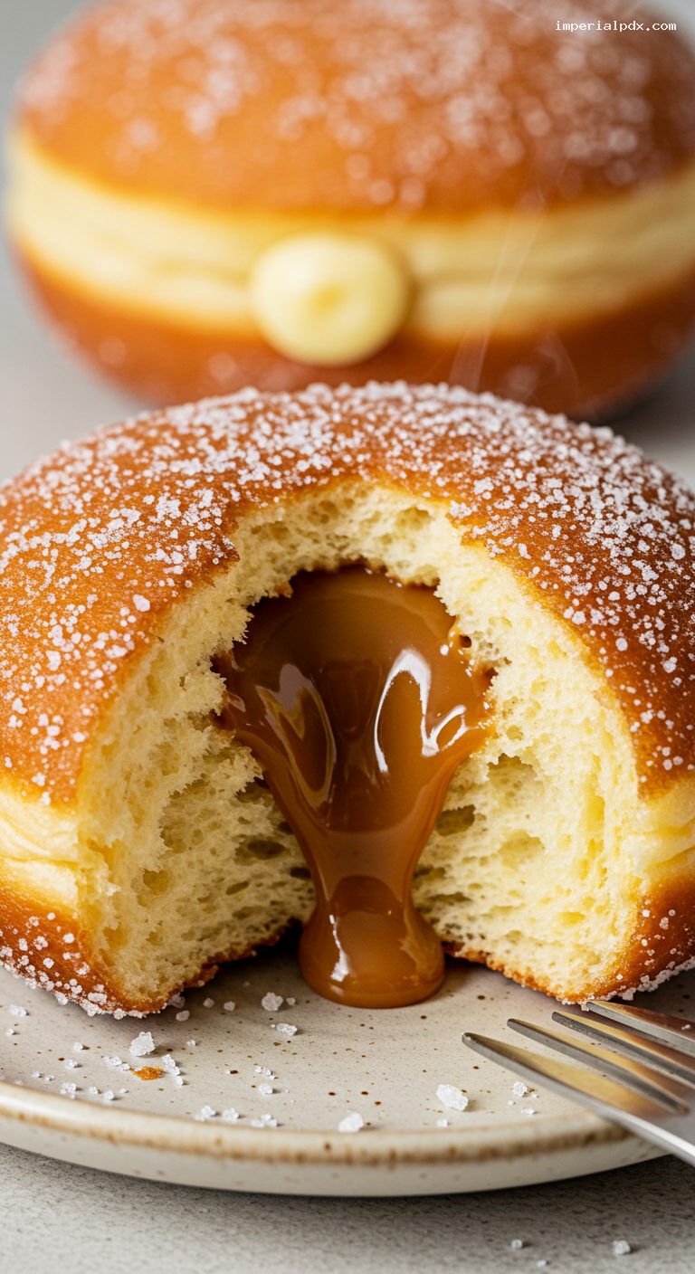 Berlinesas: Pillowy Dulce de Leche–Filled Doughnuts – Closeup