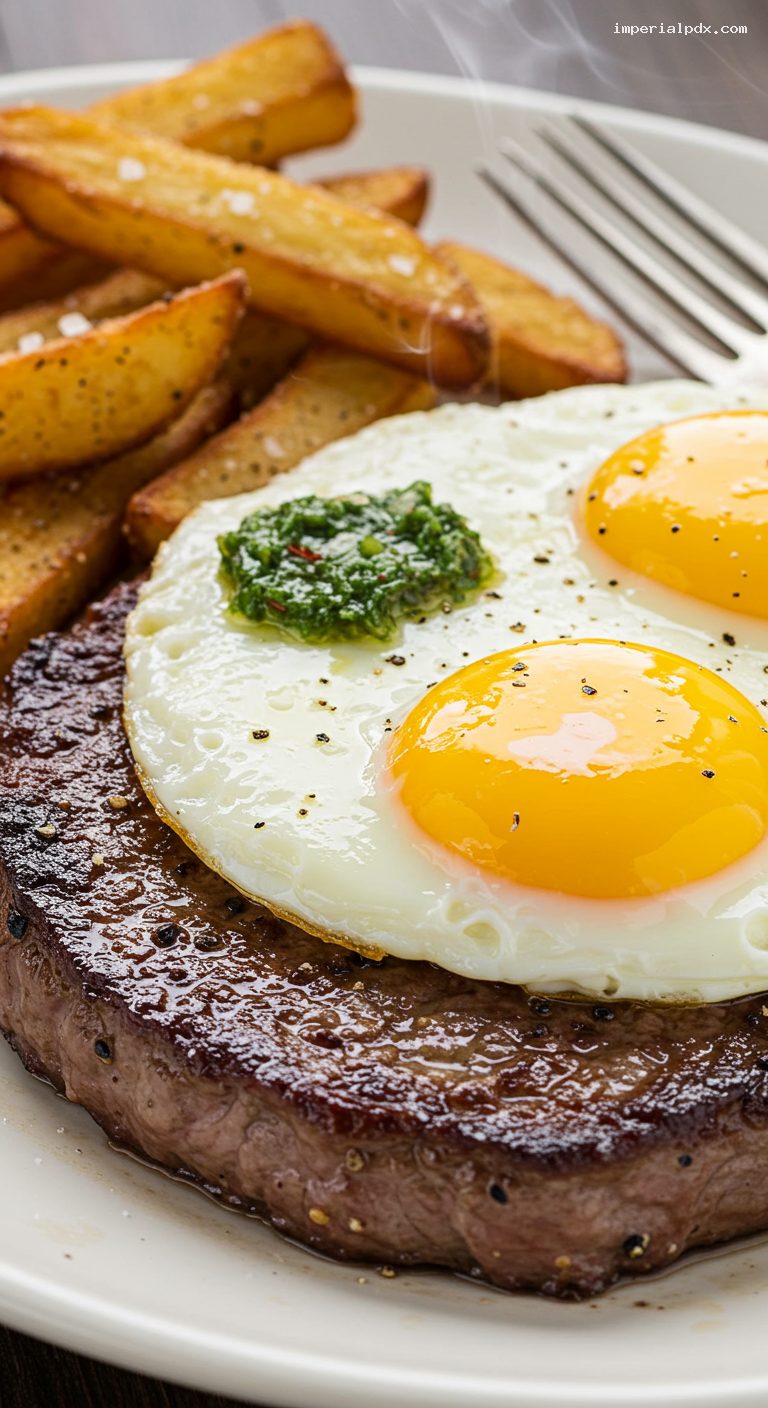 Bife a Caballo with Fries and Chimichurri – Closeup