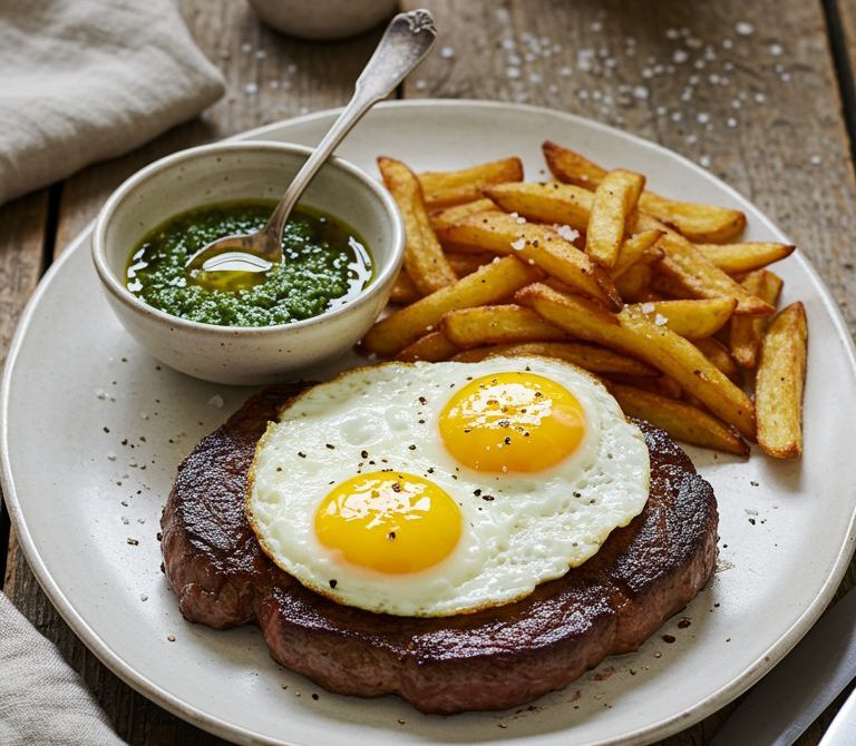 Bife a Caballo with Fries and Chimichurri