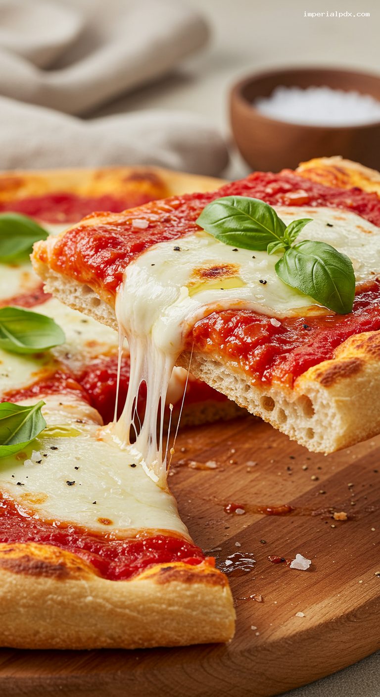 Blistered Margherita Pan Pizza with Fresh Mozzarella – Closeup