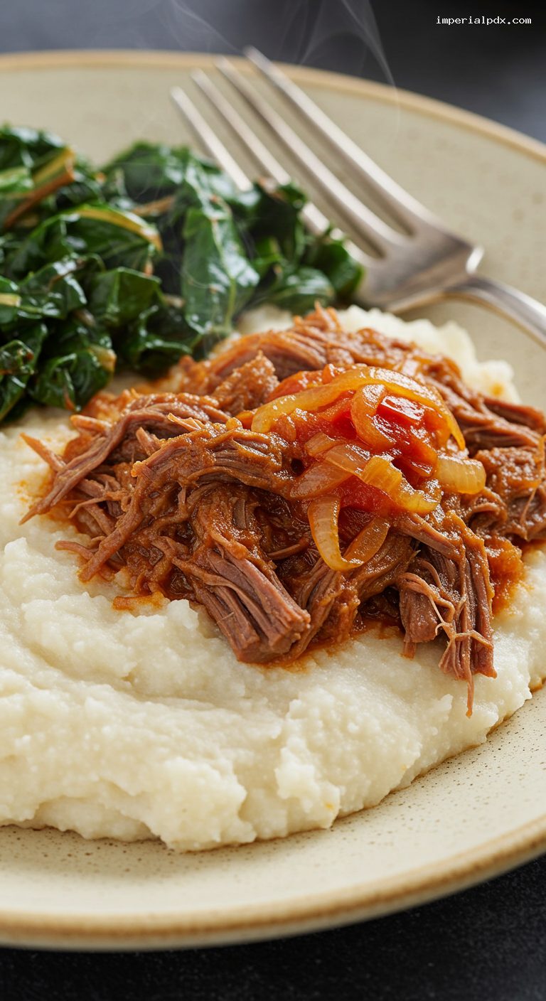 Botswanan Seswaa with Pap and Tomato-Onion Gravy – Closeup