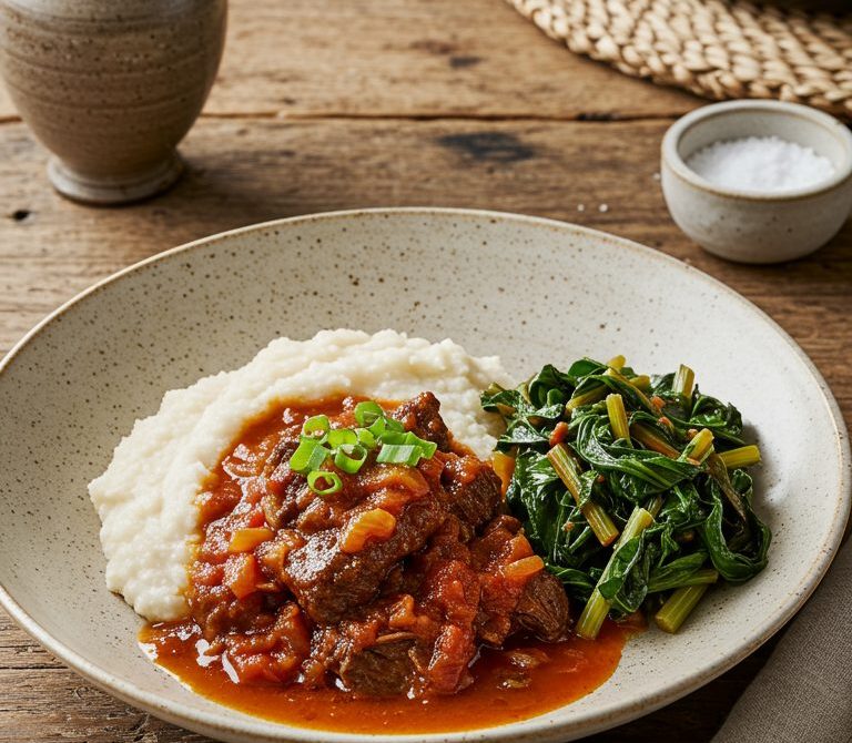 Botswanan Seswaa with Pap and Tomato-Onion Gravy