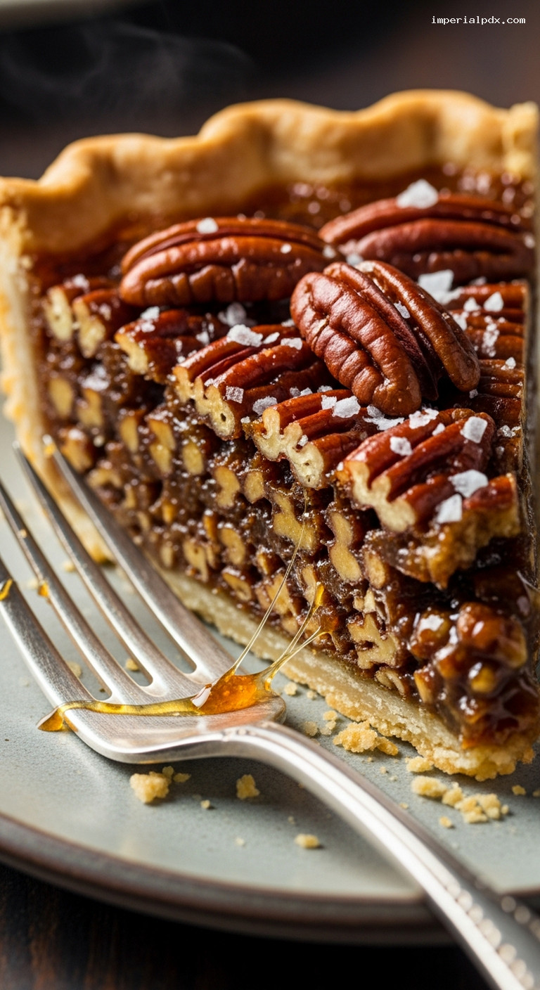 Bourbon Pecan Pie with Salted Caramel Filling – Closeup