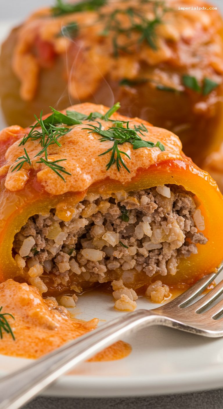 Braised Stuffed Bell Peppers with Beef, Pork, and Rice – Closeup