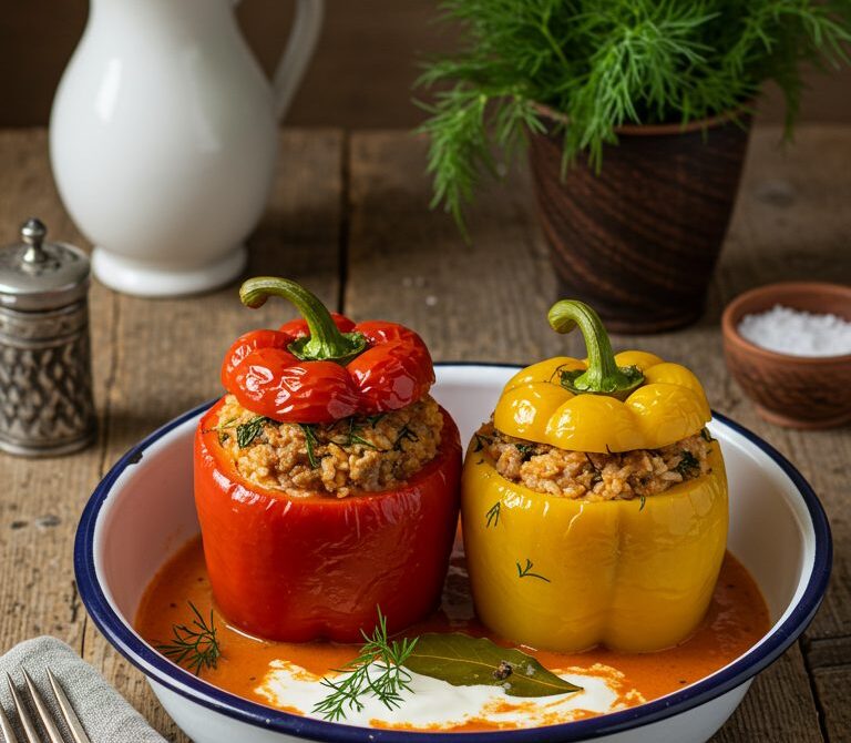 Braised Stuffed Bell Peppers with Beef, Pork, and Rice