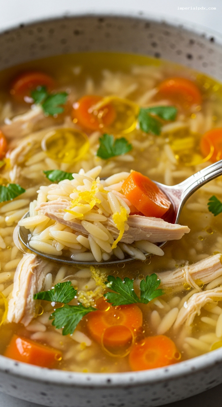 Bright Lemon Chicken Orzo Soup – Closeup