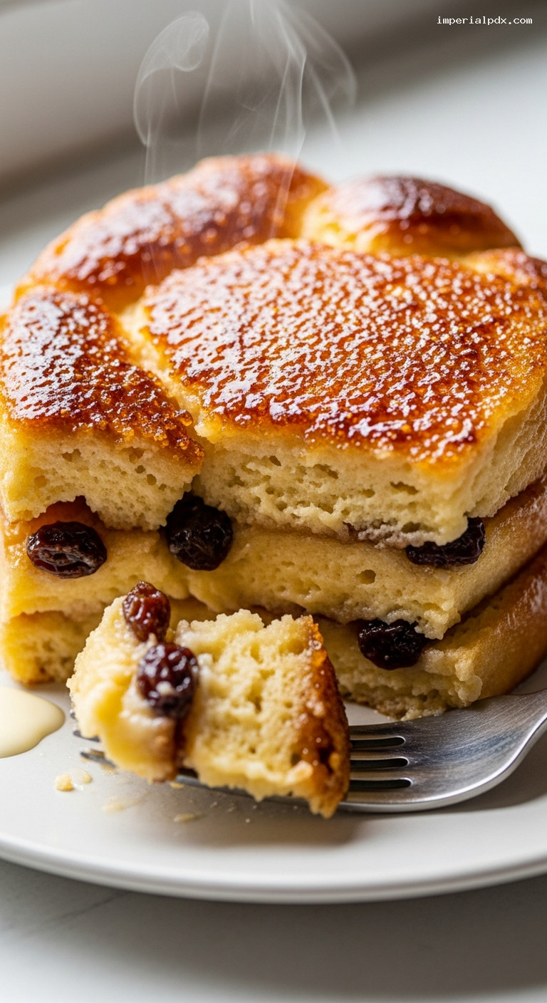 Brioche Bread and Butter Pudding with Rum Raisins – Closeup