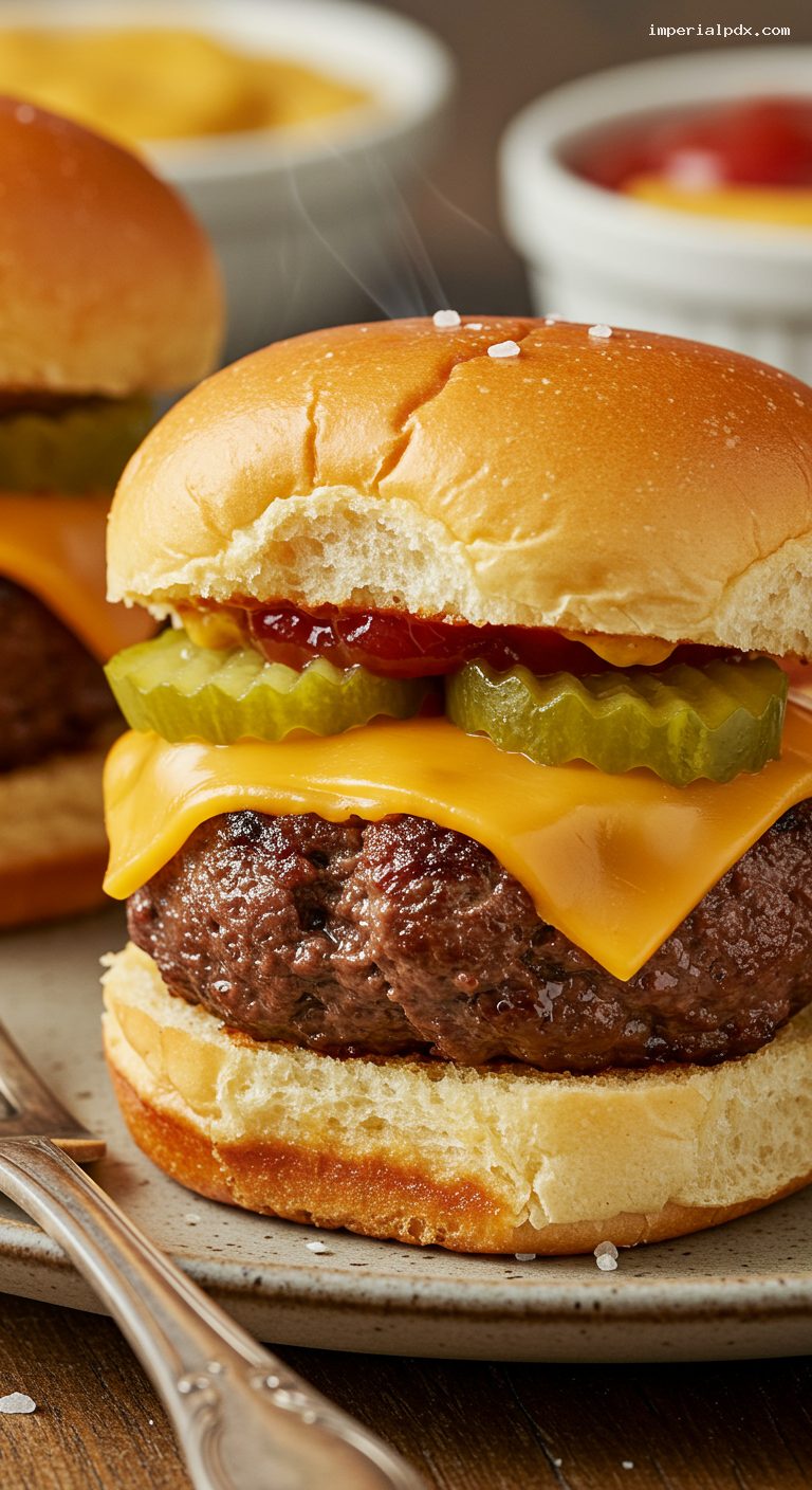 Brioche Cheeseburger Sliders with Pickles and Sauce – Closeup