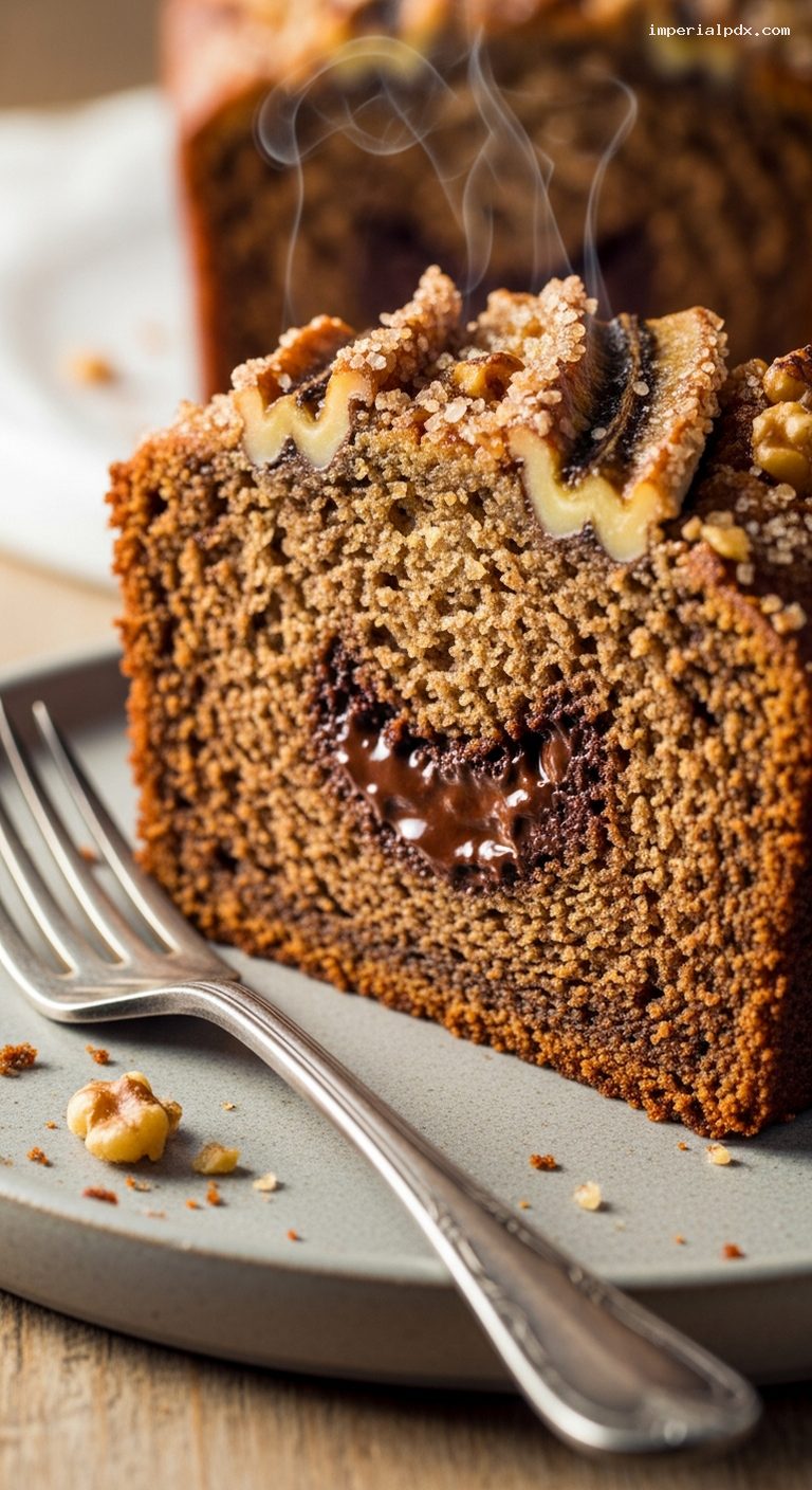Brown Butter Banana Bread with Toasted Walnuts and Chocolate Swirl – Closeup
