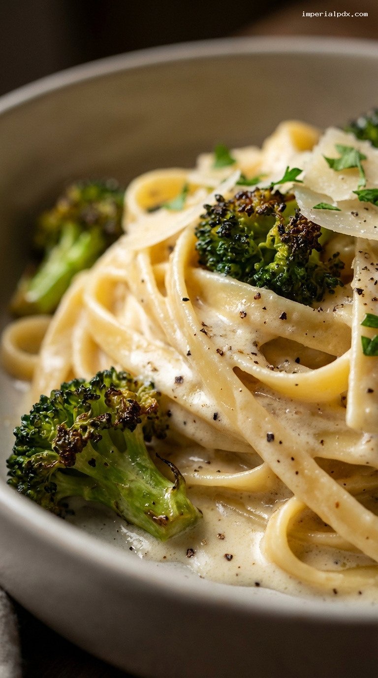 Brown Butter Three-Cheese Fettuccine Alfredo with Broccoli – Closeup