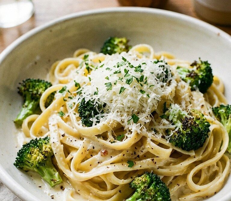 Brown Butter Three-Cheese Fettuccine Alfredo with Broccoli