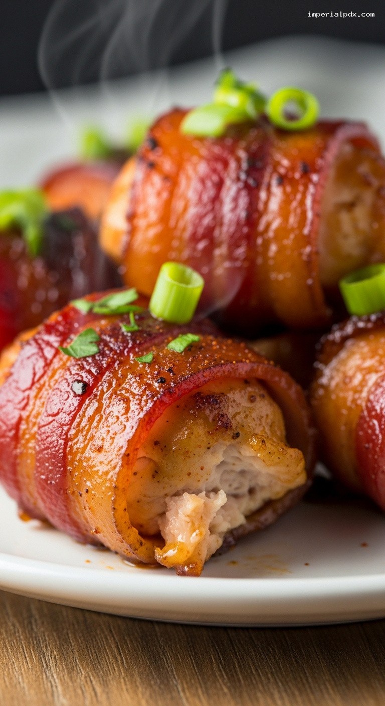 Brown Sugar Chili-Glazed Bacon-Wrapped Chicken Bites – Closeup