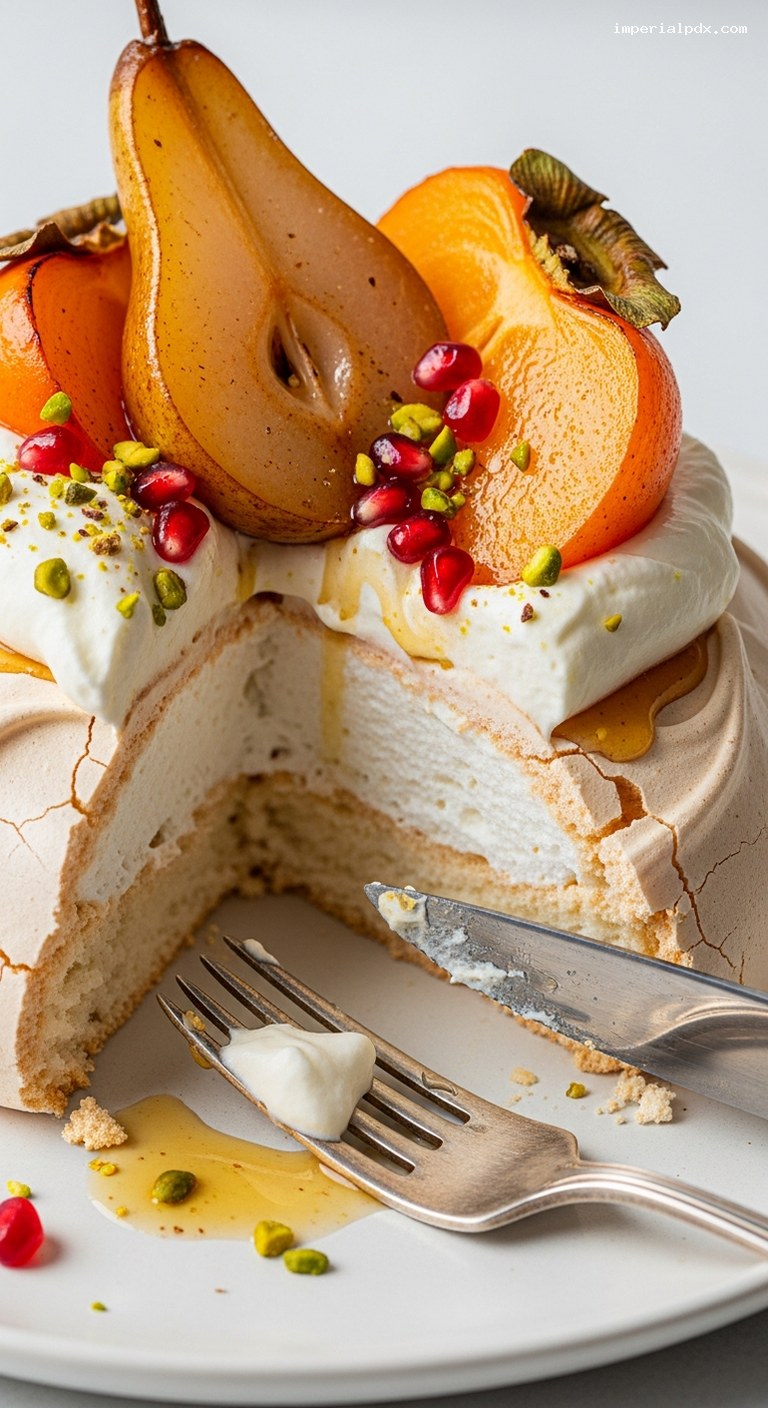 Brown Sugar Pavlova with Spiced Roasted Winter Fruits – Closeup
