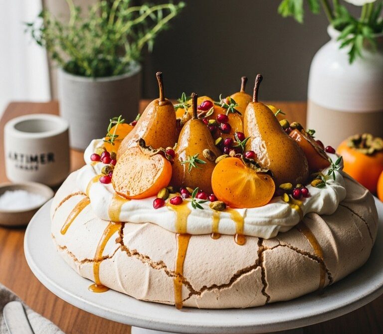 Brown Sugar Pavlova with Spiced Roasted Winter Fruits