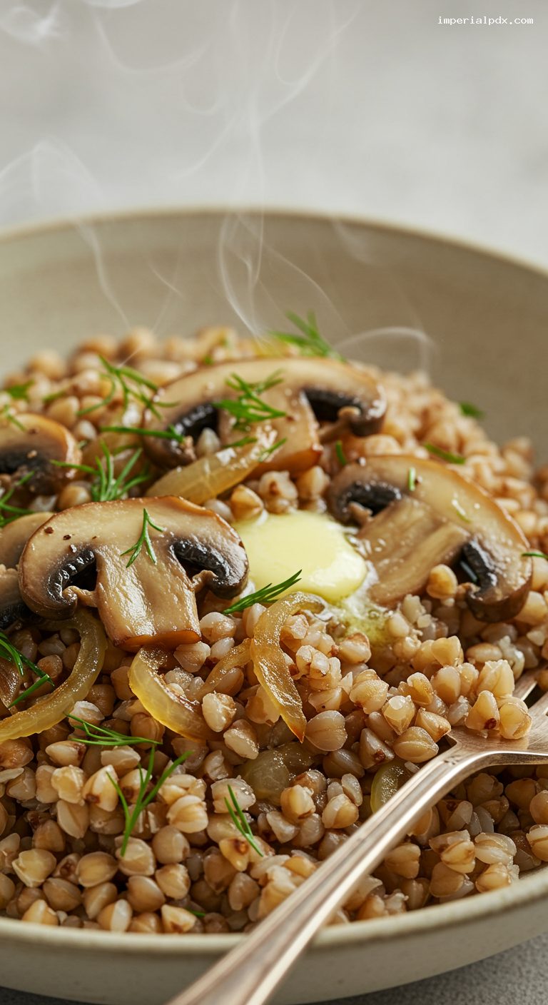 Buckwheat Pilaf with Mushrooms and Caramelized Onions – Closeup