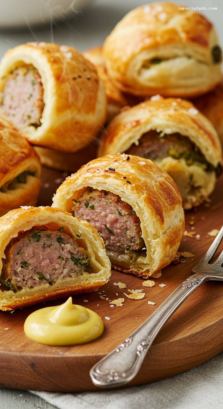 Buttery Puff Pastry Sausage Rolls with English Mustard – Closeup
