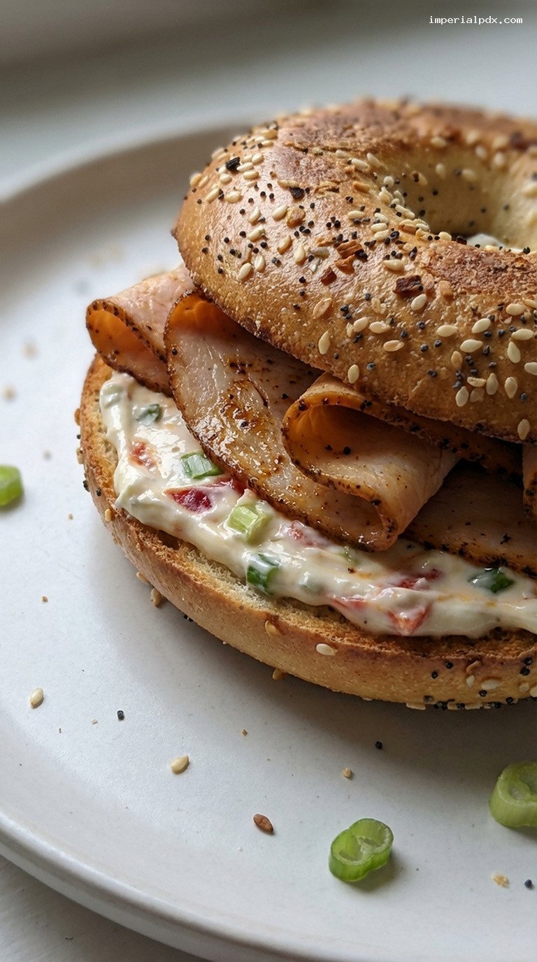 Cajun Turkey and Roasted Pepper Cream Cheese Bagel – Closeup
