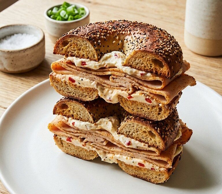 Cajun Turkey and Roasted Pepper Cream Cheese Bagel
