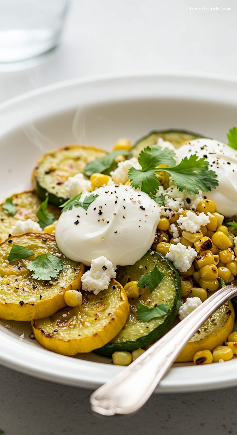 Calabacitas con Elote with Roasted Poblano and Crema – Closeup