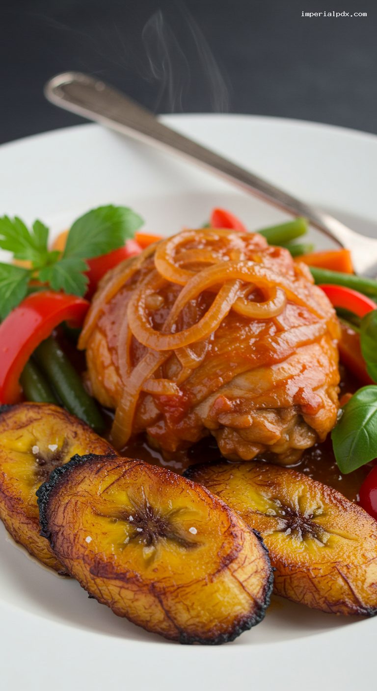 Cameroonian Poulet DG with Plantains and Vegetables – Closeup